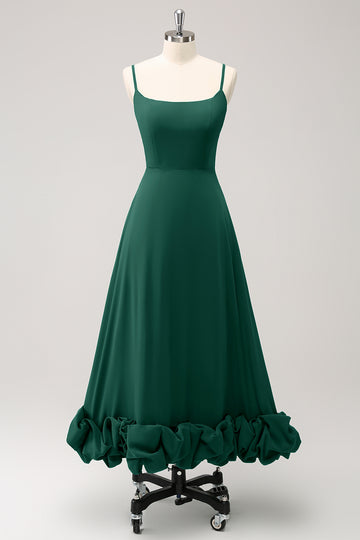 Elegante vestido de dama de honor Eucalipto con tirantes finos de una línea